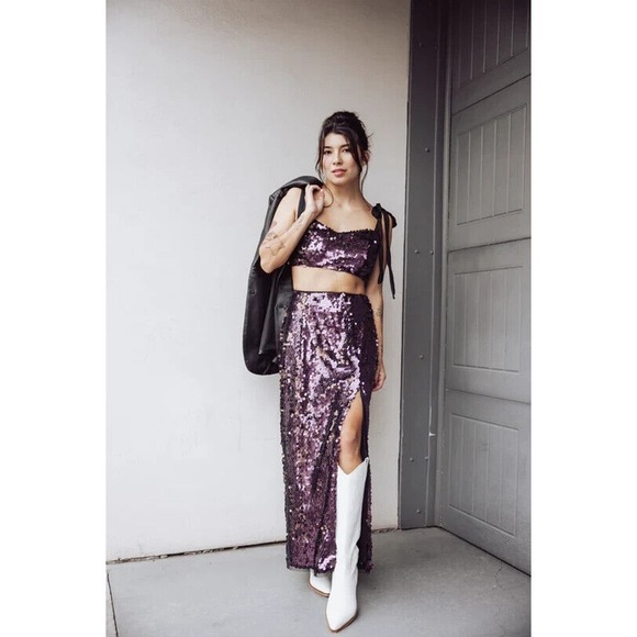 NWT Free People Sequin Star Bright Midi Skirt Women's Purple Black Size 2 - Picture 1 of 10
